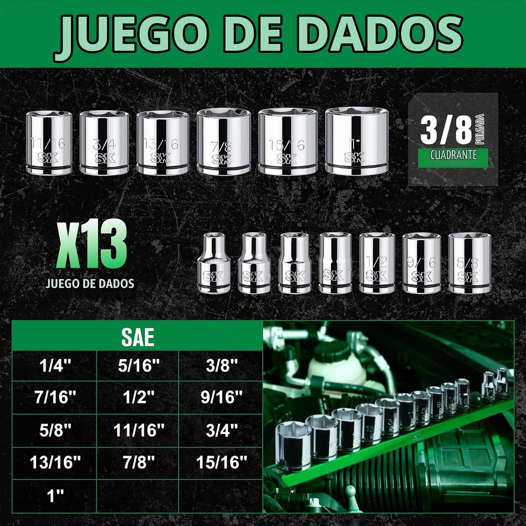 Juego de llaves de vaso SK de 3/8", enchufes SAE, 13 piezas, 1/4" a 1"