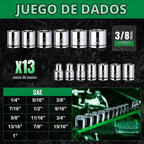 Juego de llaves de vaso SK de 3/8", enchufes SAE, 13 piezas, 1/4" a 1"