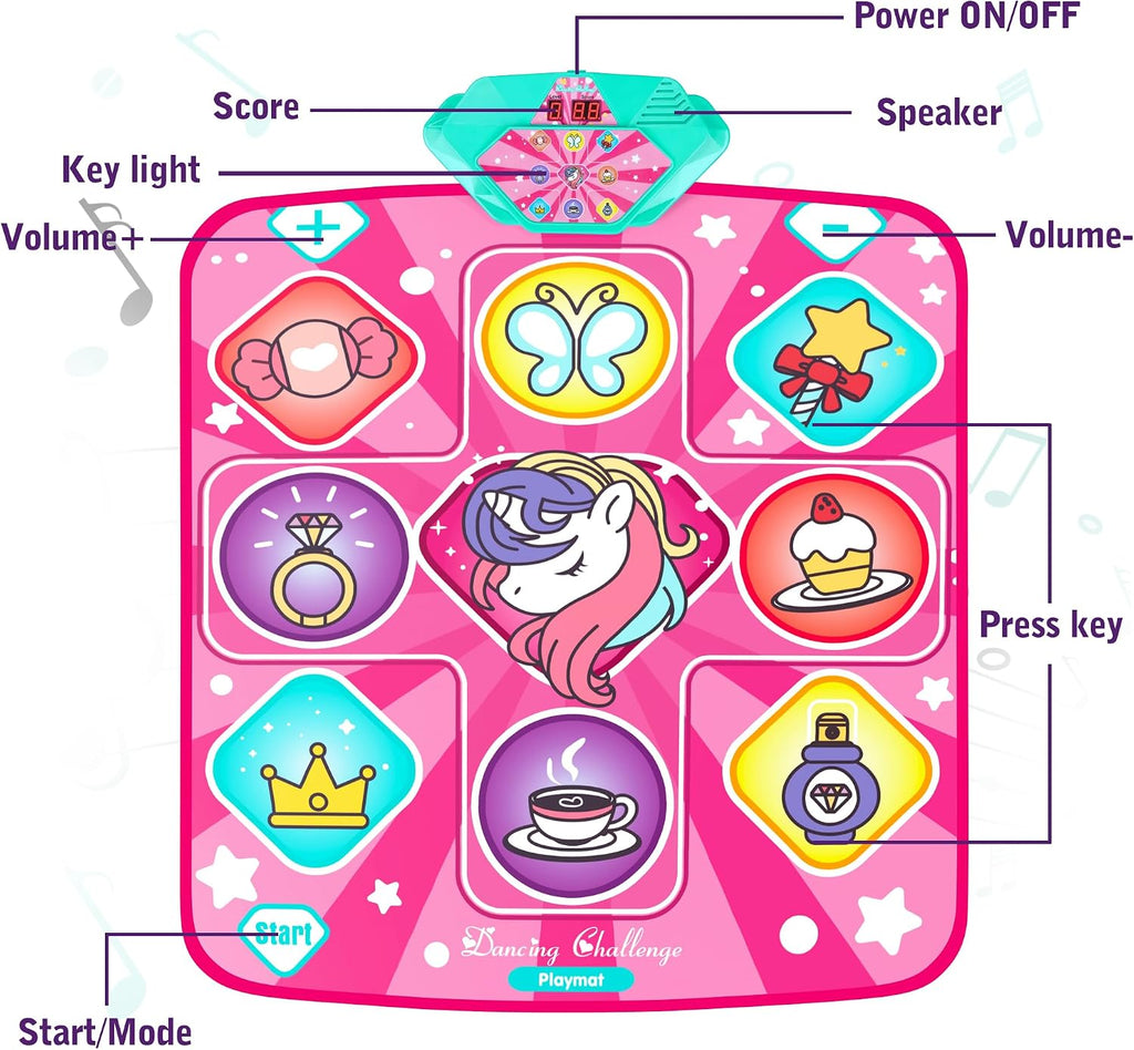 Alfombrilla de baile de unicornio para niñas, almohadilla de música LED