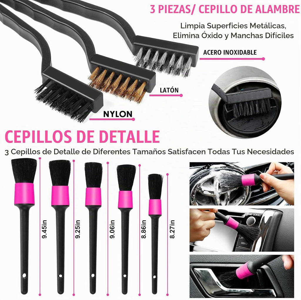 Kit de limpieza de coche rosa de 20 piezas, kit de detallado interior del automóvil con aspiradora de mano roja de alta potencia, juego de cepillos de detalles, limpiador de parabrisas, gel de