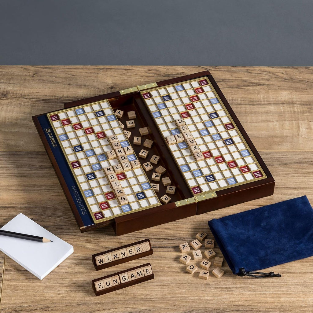 WS Game Company Scrabble Deluxe Travel Edition Portable Wood Board Game Set