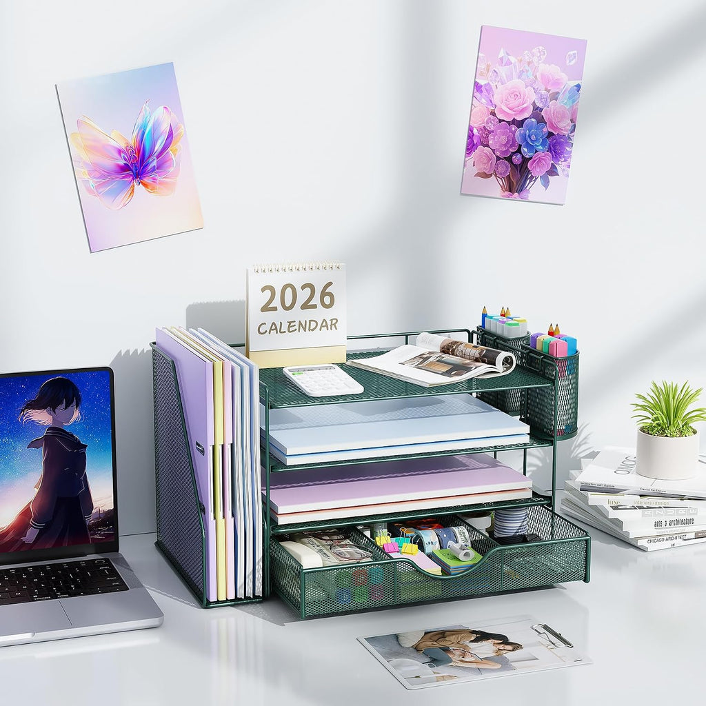 Lámpara gianotter Organizador de escritorio de 4 niveles con cajones, soportes para archivos, bandejas para cartas y soportes para bolígrafos, accesorios de espacio de trabajo para suministros de oficina
