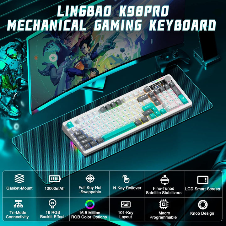 LINGBAO K98 PRO Teclado Mecánico Inalámbrico al 96%, con Pantalla y...