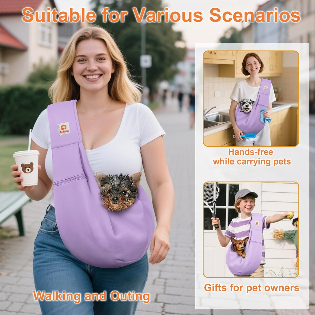 Tomkas Transportador de Cabestrillo para Perros Pequeños – Bolsillo con cremallera y correa ajustable – para mascotas de 3 a 10 libras (morado claro)