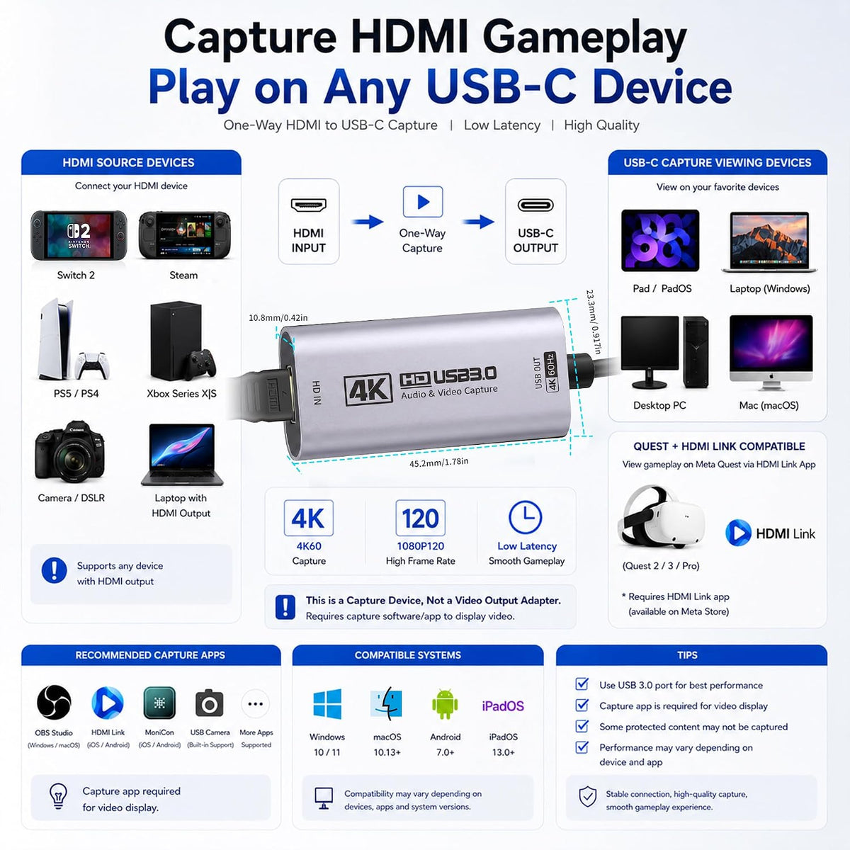Tarjeta de captura HDMI, USB 3.0 HDMI a USB-C para captura de video, 4K60FPS