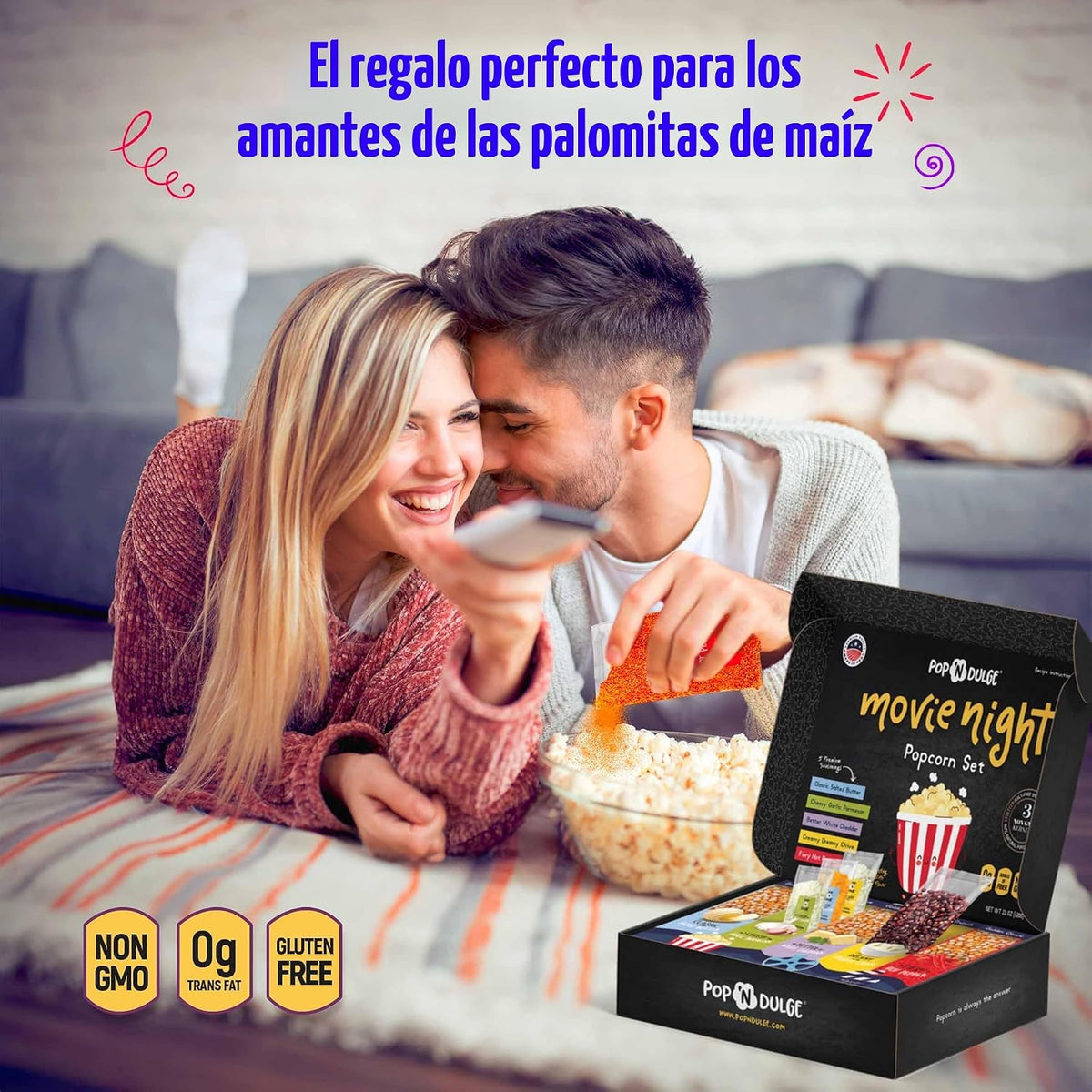 Pop n' Dulge Palomitas de maíz para noche de cine, set de regalo de 16 piezas, 5 paquetes de palomitas gourmet sin OMG, 5 paquetes de variedad de condimentos, snacks kosher, gran idea de regalo para