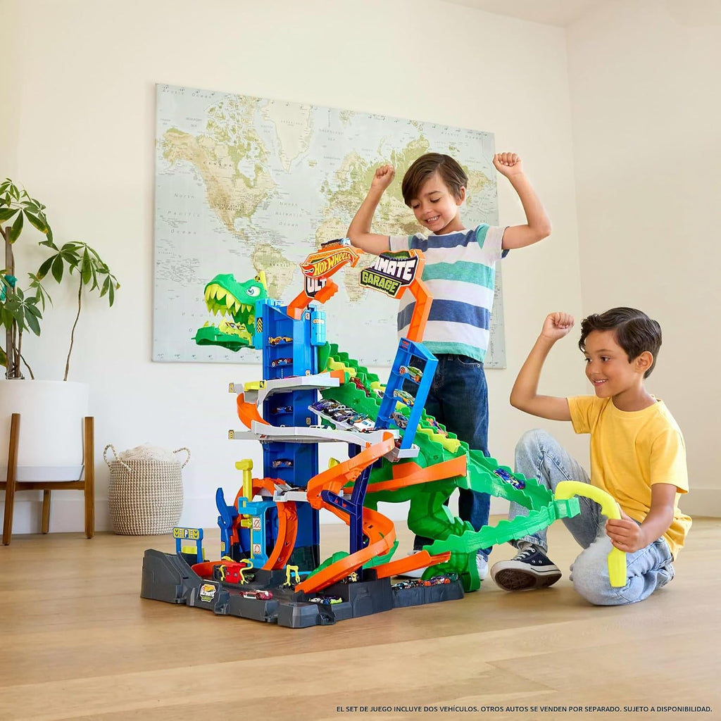 Hot Wheels Juego de pistas de autos de juguete, garaje City Ultimate T-Rex con Dino Nemesis, vehículos fundidos a presión a escala 2 1:64 y almacenamiento para mayores de 50 años, desafío de carreras