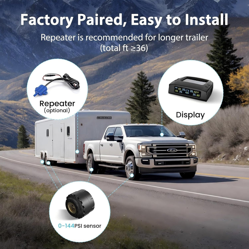 Tymate Sistema de monitoreo de presión de neumáticos TM2 RV, monitor de presión de neumáticos con carga solar, TPMS con 4 sensores (máximo 10) y 6 modos de alarma, nueva actualización con pantalla LCD