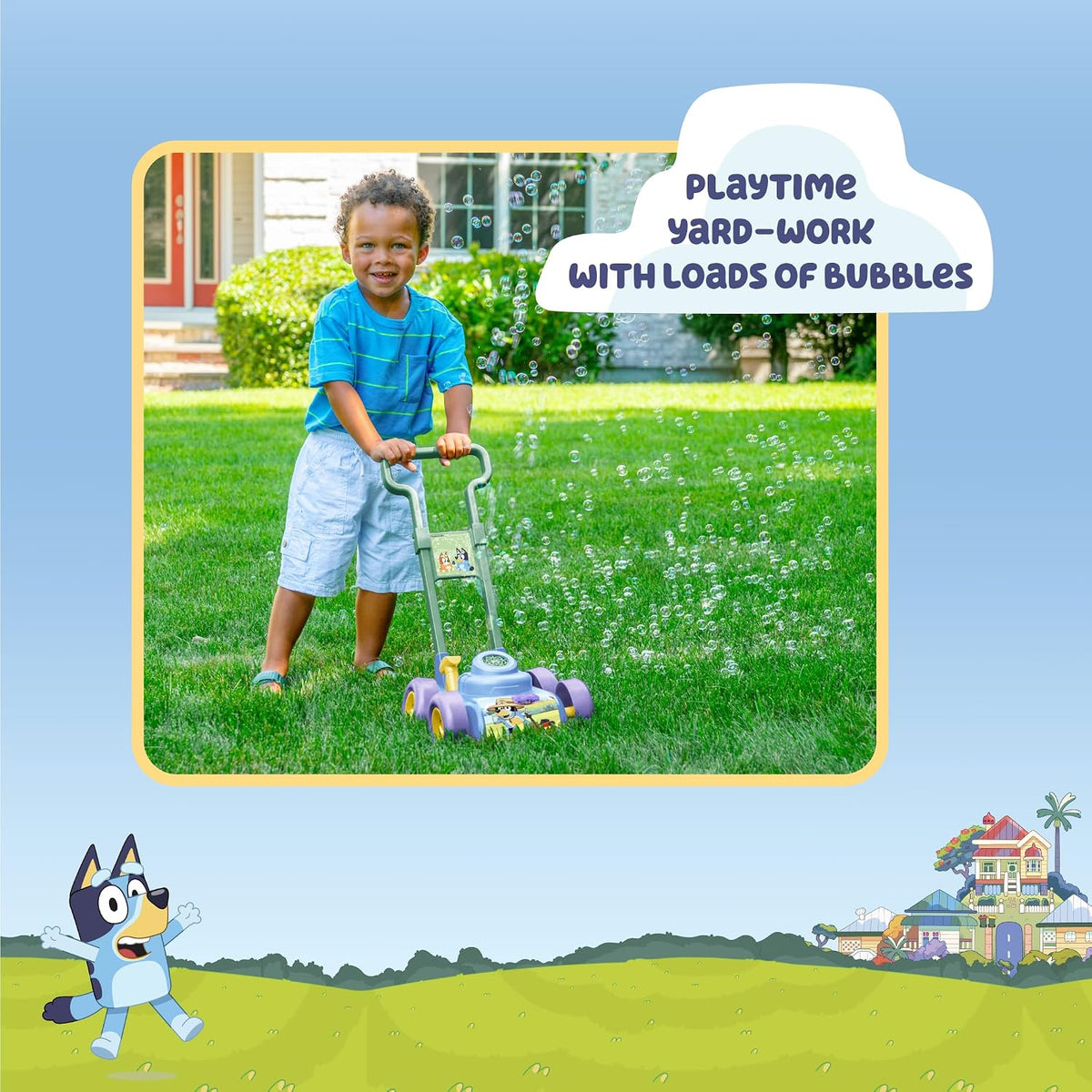 BLUEY - Cortacésped de burbujas para niños pequeños, máquina sopladora de burbujas con sonido para juguete de jardinería en interiores y exteriores, reproduce música bluey, cumpleaños, recuerdo de fiesta para niñas y niños en edad preescolar