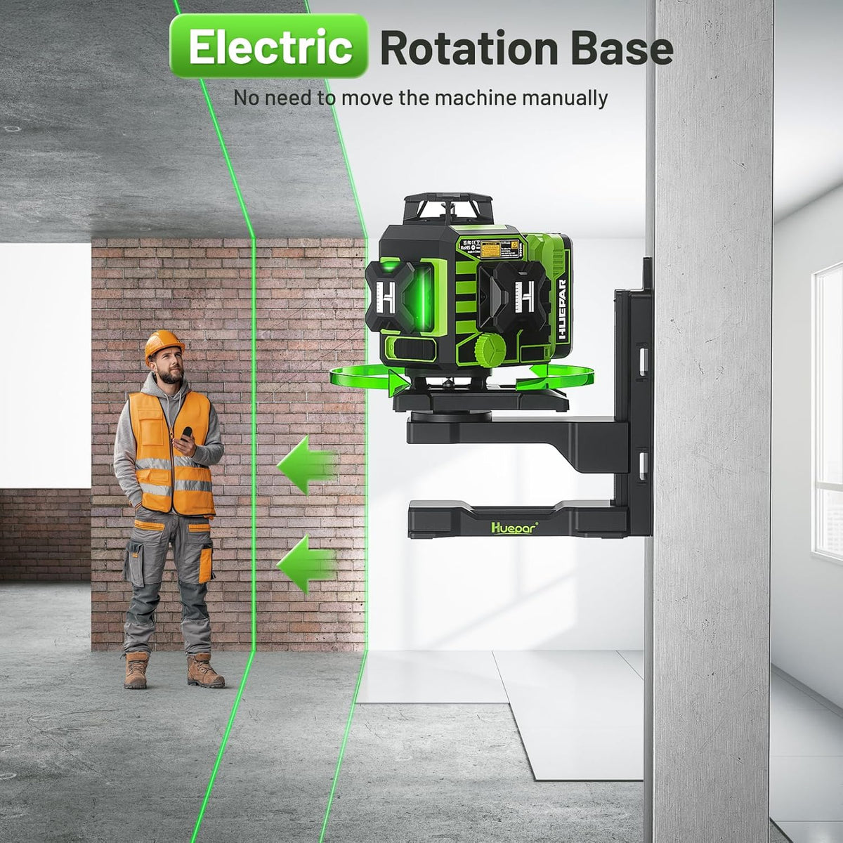 Huepar Nivel láser 360 autonivelante, W04CG mejorado 4 x 360° Bluetooth construcción Lazer herramienta niveladora con base giratoria eléctrica y pantalla LCD grande, 4D 16 líneas de nivel láser de