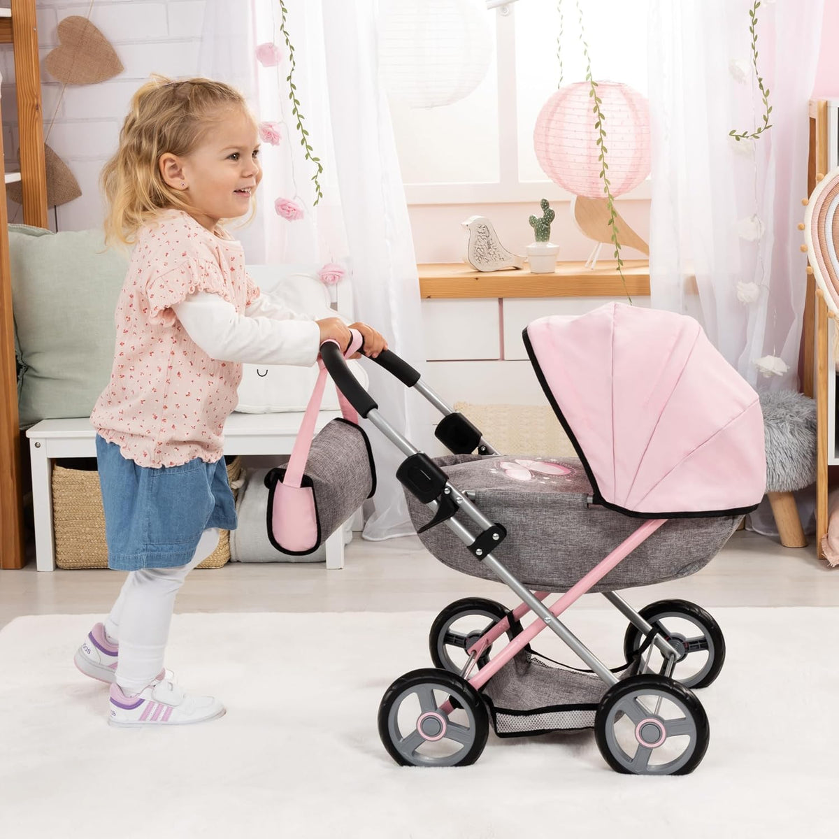 Bayer Set de Cochecito de Muñeca con Bolso - Carruaje Rosado para Muñecas de 18 Pulgadas