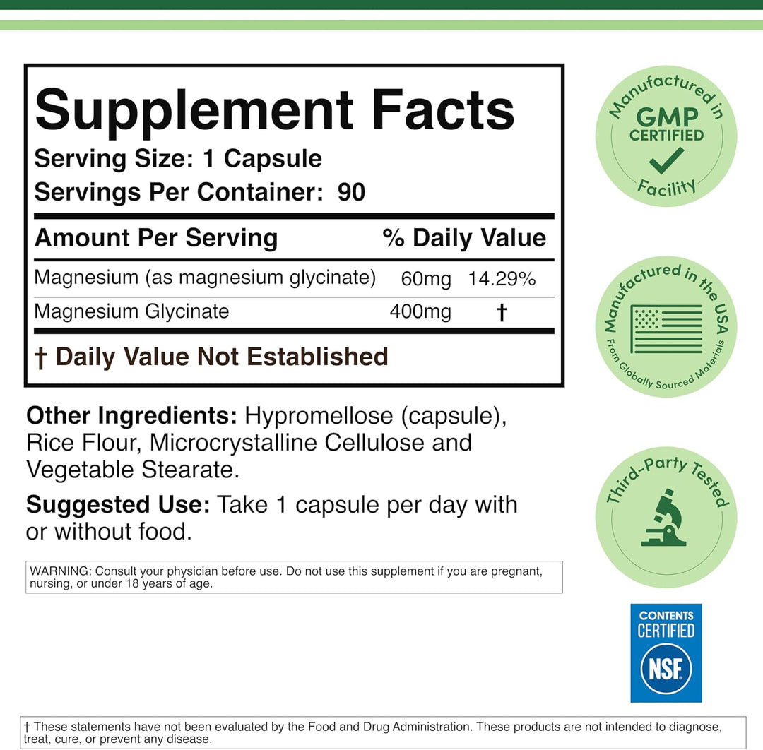 Glicinato de magnesio 400 mg, 90 cápsulas (apto para veganos, proba...