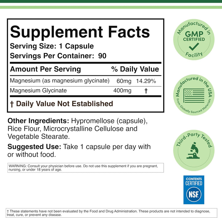 Glicinato de magnesio 400 mg, 90 cápsulas (apto para veganos, proba...