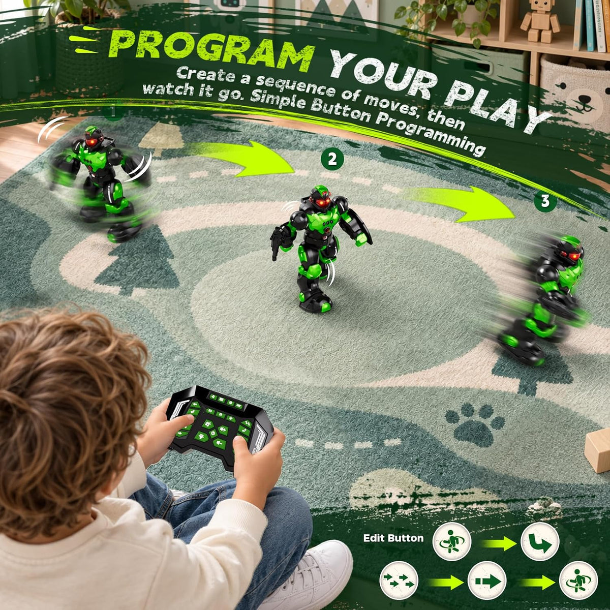 STEMTRON Robot de juguete para niños, robot programable de control remoto con detección inteligente de gestos, recarga, modo de canto y baile, lanzador (verde)