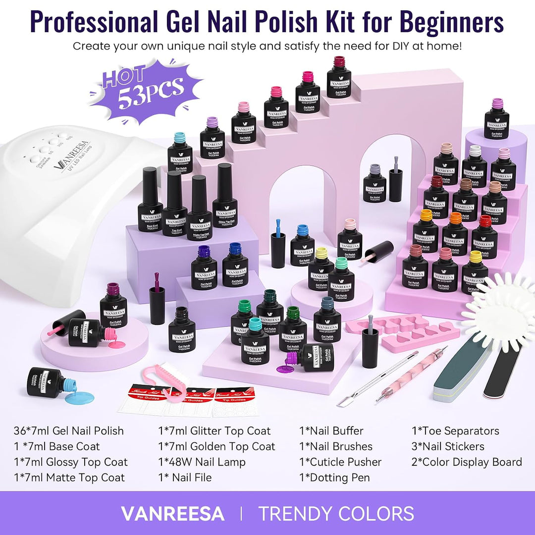 VANREESA Kit de esmalte de uñas de gel con luz UV, 53 piezas, juego...