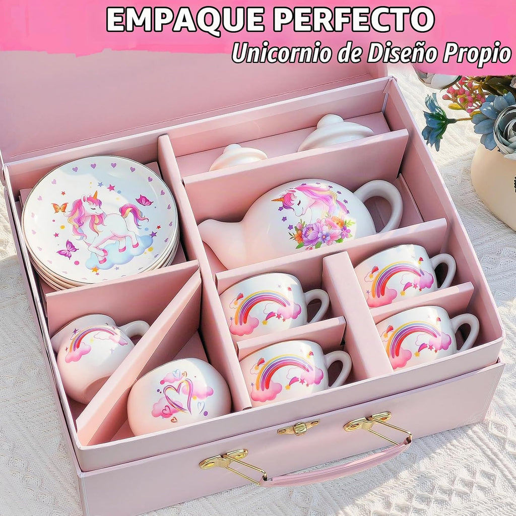 TUZT Juego de fiesta de té de porcelana para niñas pequeñas, juego de té de unicornio de 13 piezas, tetera, taza, platillo y maleta, juego de cocina de juguetes de simulación, regalo de cumpleaños de