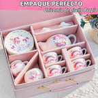 TUZT Juego de fiesta de té de porcelana para niñas pequeñas, juego de té de unicornio de 13 piezas, tetera, taza, platillo y maleta, juego de cocina de juguetes de simulación, regalo de cumpleaños de