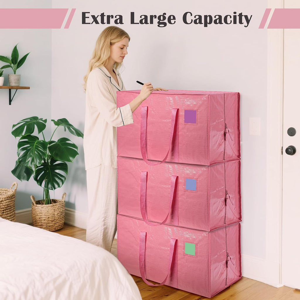 Paquete de 6 bolsas de mudanza con cremallera lateral completamente abierta, extra grandes de 93 L, resistentes al agua, plegables para almacenamiento para dormitorio universitario, mudanza y organización del hogar, color rosa