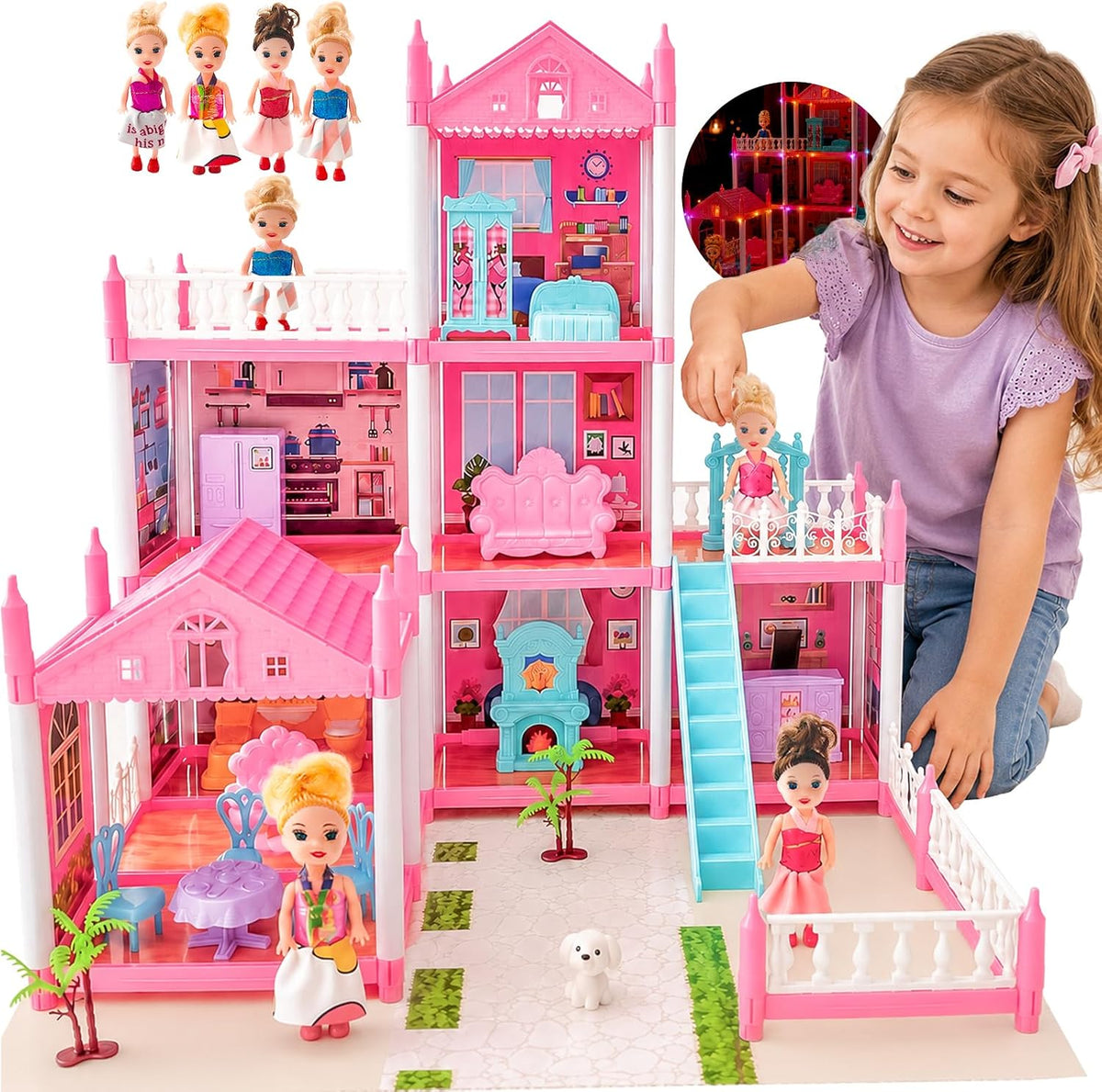 Casa de muñecas Dream para niñas con luces, muñecas, tapete de juego y accesorios de muebles, juego grande de casa de muñecas de varios pisos, regalo de juguete para niños a partir de 3 años