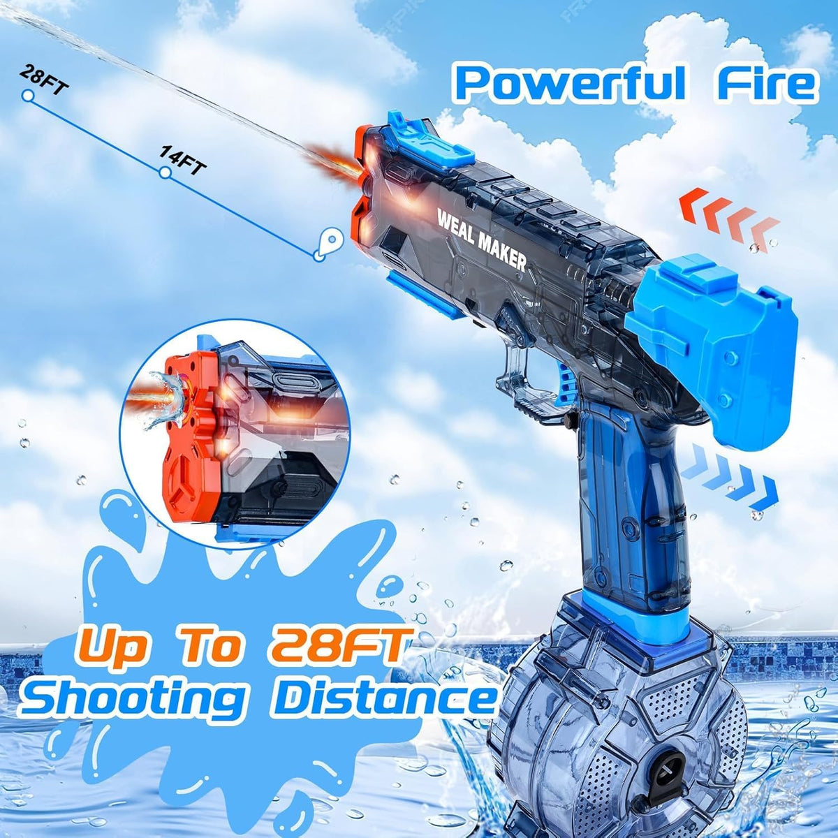 Pistola de agua eléctrica, efectos de llama de bozal, retroceso vinculado, tanque de agua doble de 50+16.9 fl oz, piscina al aire libre y juguete de combate de playa para niños y adultos