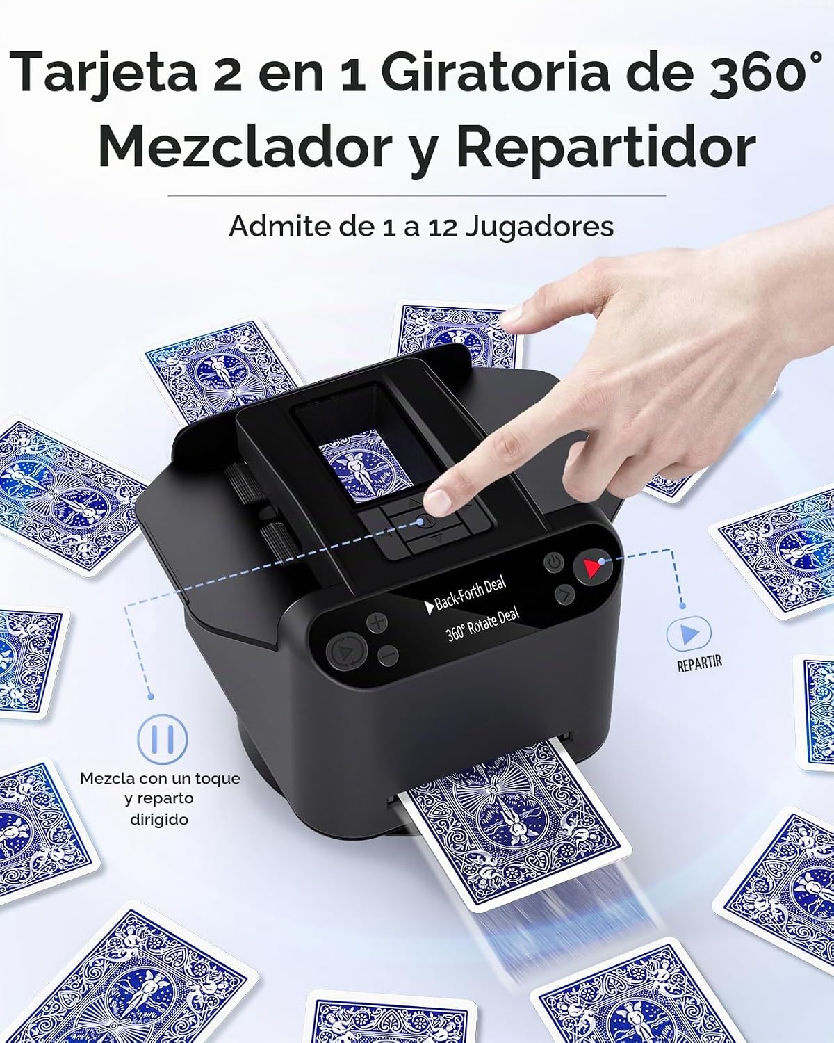 Barajador automático de cartas y distribuidor 2 en 1, máquina de distribución giratoria de 360° de 2 barajas para 12 jugadores, 4 controles remotos de dibujo, máquina barajadora de cartas recargable para póker, fase 10 (negro)