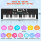 Teclado de piano para niños de 61 teclas con teclas iluminadas, modo de enseñanza, altavoz dual