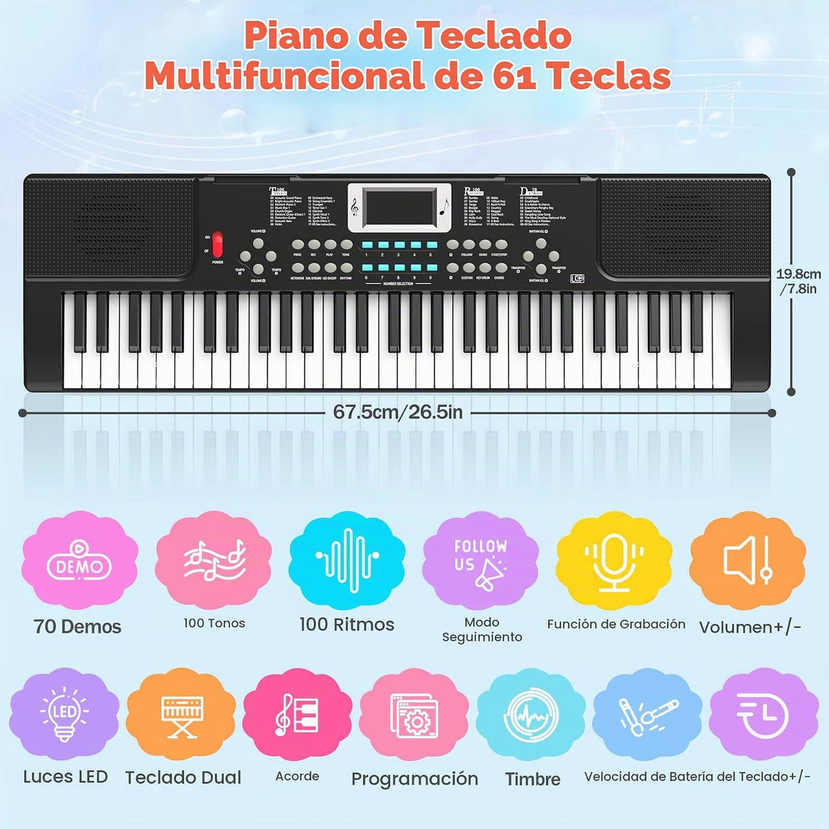 Teclado de piano para niños de 61 teclas con teclas iluminadas, modo de enseñanza, altavoz dual