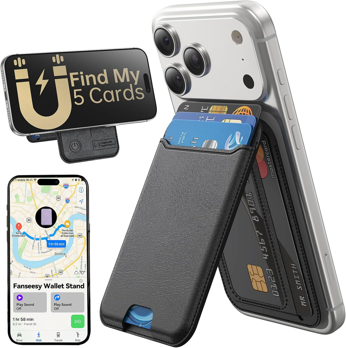 para Portafolio MagSafe, Funciona con Apple Find My, Portafolio Magnético con Soporte para 5 Tarjetas para iPhone 17/16/15/14/13/12 Pro Max Air Plus, Cuero Vegano con Bloqueo RFID, Negro