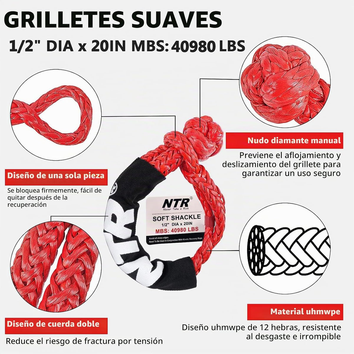Cuerda de remolque de recuperación cinética de 1-1/8 pulgadas x 30 pies (37,480 libras), con 2 grilletes suaves UHMWPE (40,980 libras), correa de tracción todoterreno resistente, kit de