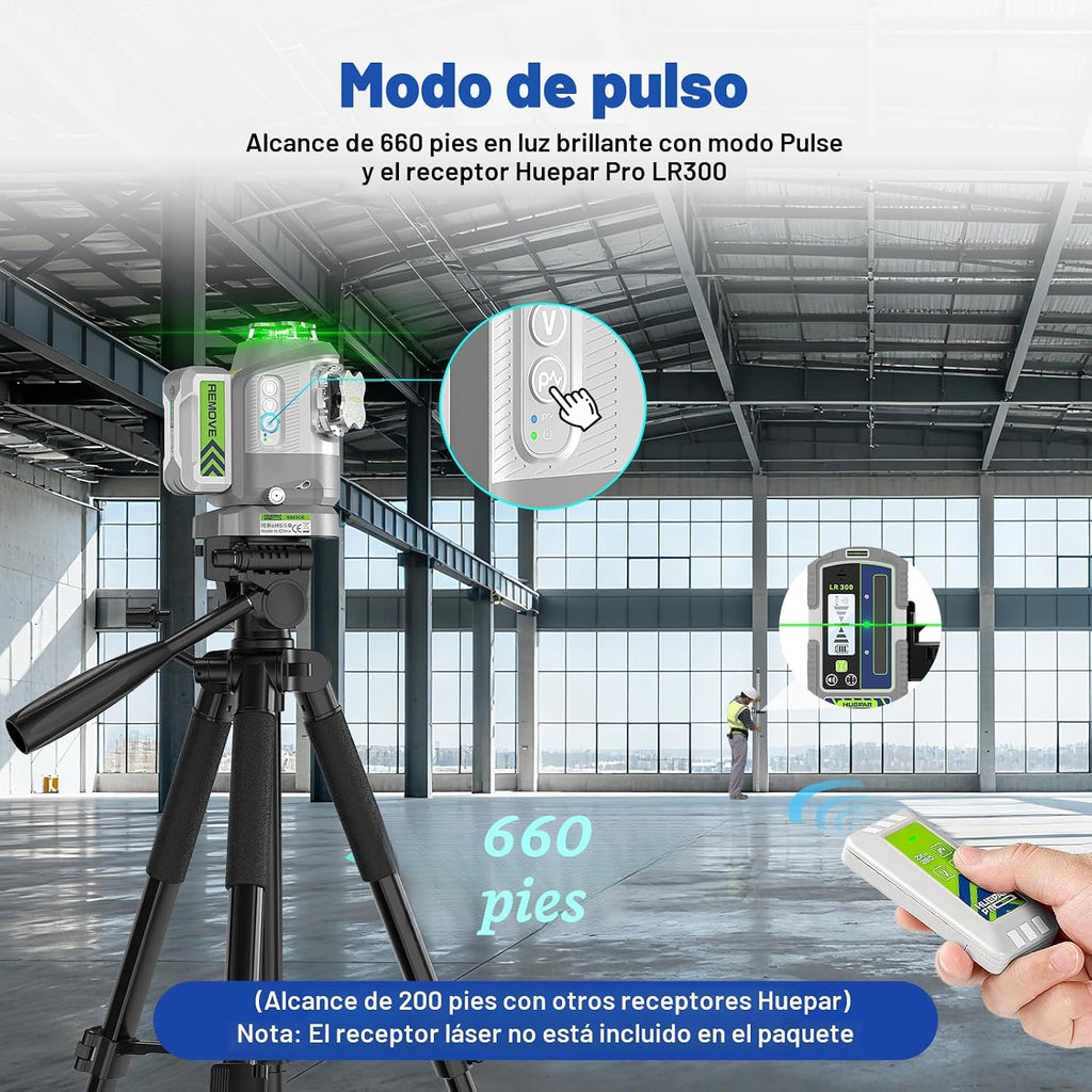 Huepar Pro 2026 Nuevo nivel láser para exteriores 360 autonivelante con alineación de pivote de punto fijo, herramienta niveladora láser verde 3 x 360, control remoto y batería recargable