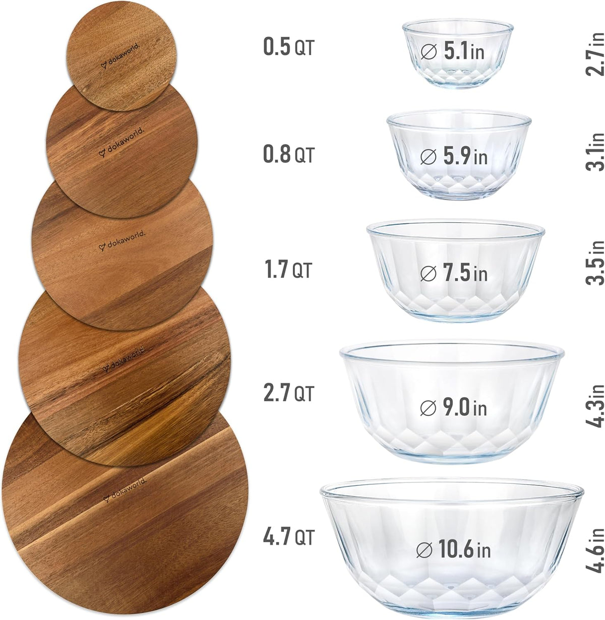 Juego de 5 cuencos de vidrio apilables grandes con tapas de
