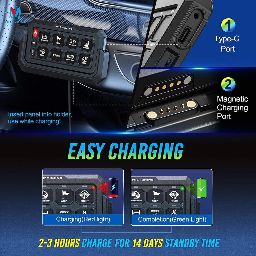 MICTUNING P1s-W Panel de interruptor RGB inalámbrico de 8 cuadras, alcance remoto de 328 pies y 433 MHz