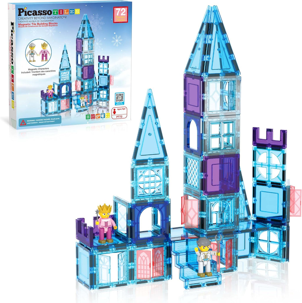 PicassoTiles - Juego de 72 azulejos magnéticos de castillo, juguete de invierno con temática de hielo