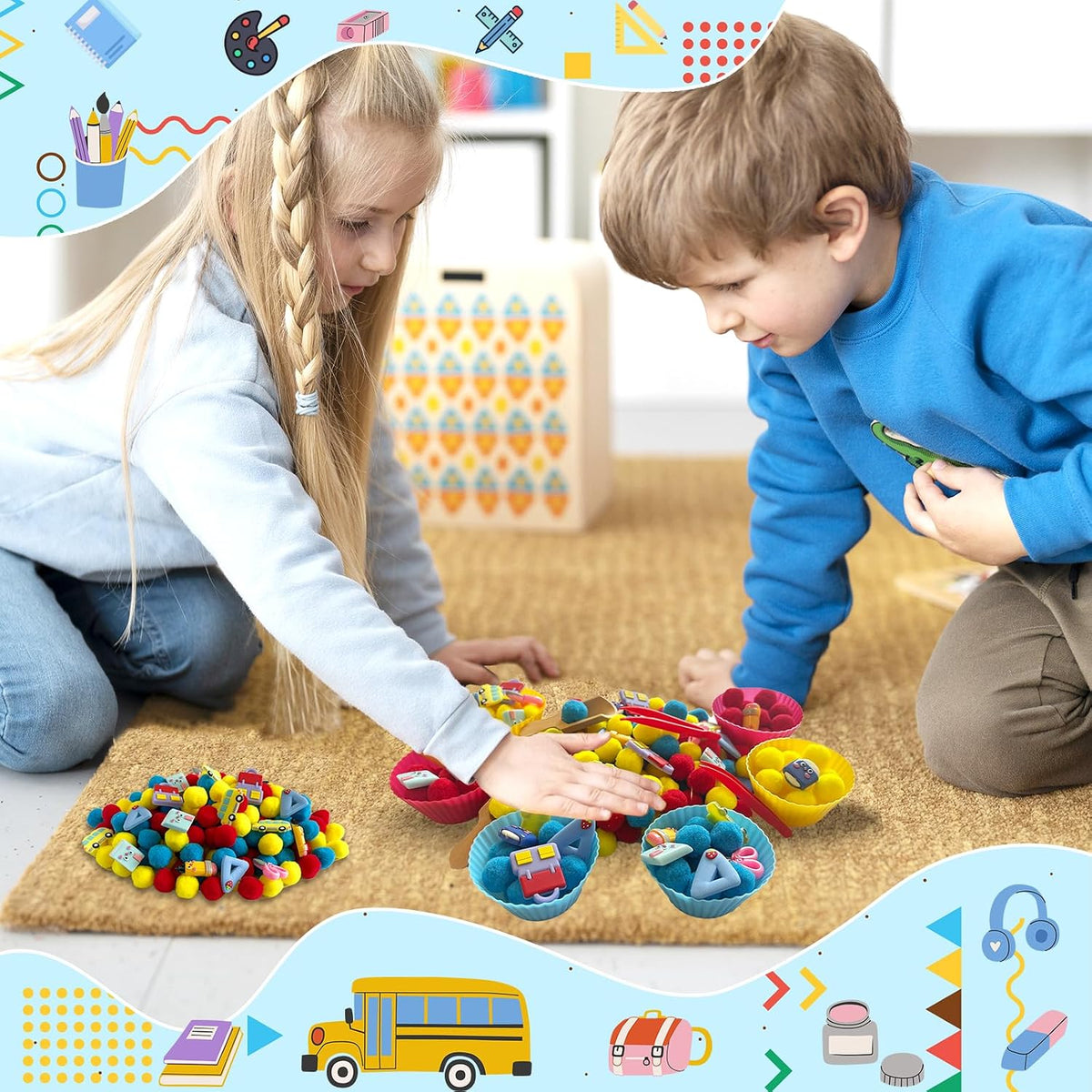 154Pcs Back a School Sensory Bin Filler Fine Motor Toys Stationery Sensory Bin Items Counting Sorting Toy para Preschool Education Activities Include Pom Poms Pen Scissors Notebooks Cup