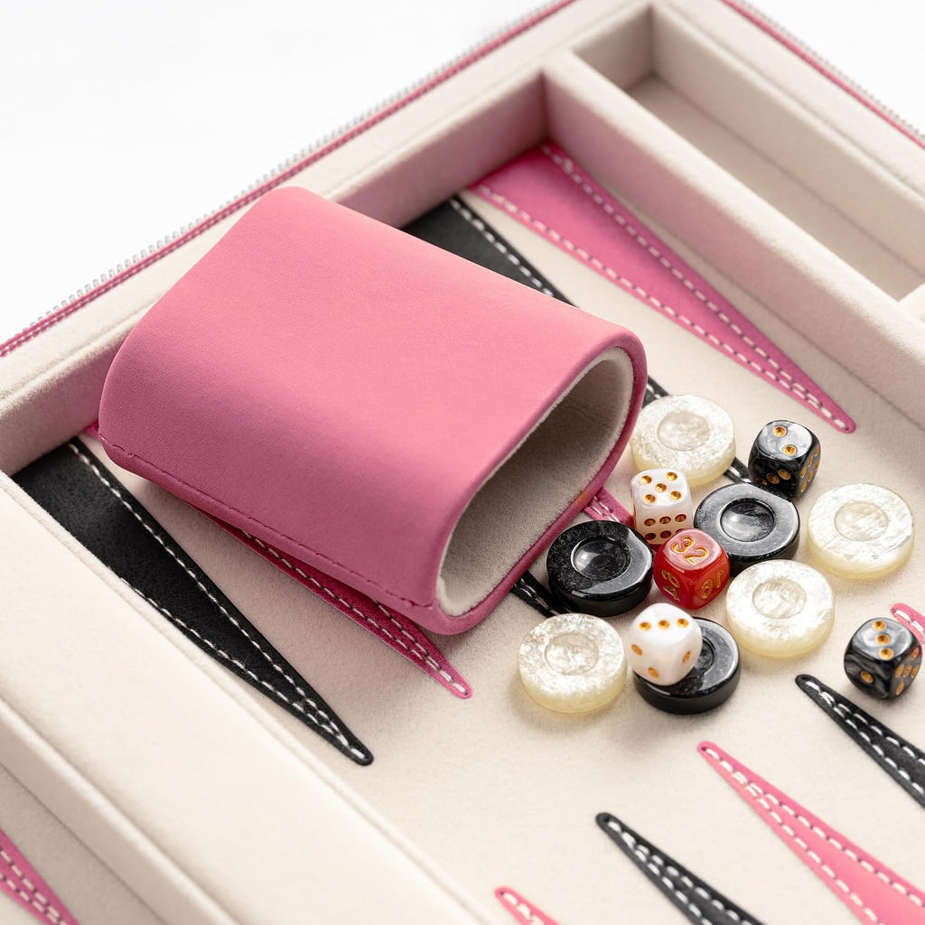 Juegos de backgammon para adultos, juego de mesa clásico con estuche de backgammon plegable de cuero sintético, juego de backgammon portátil de viaje (rosa)