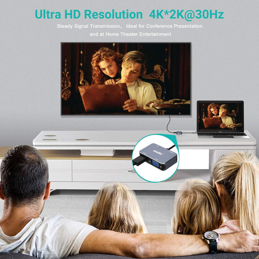 Atolla Adaptador USB C a HDMI 4K a 30Hz - Puertos de alta velocidad VGA y USB 3.0 de 1080P + PD de 60 W para MacBook Pro y más dispositivos tipo C