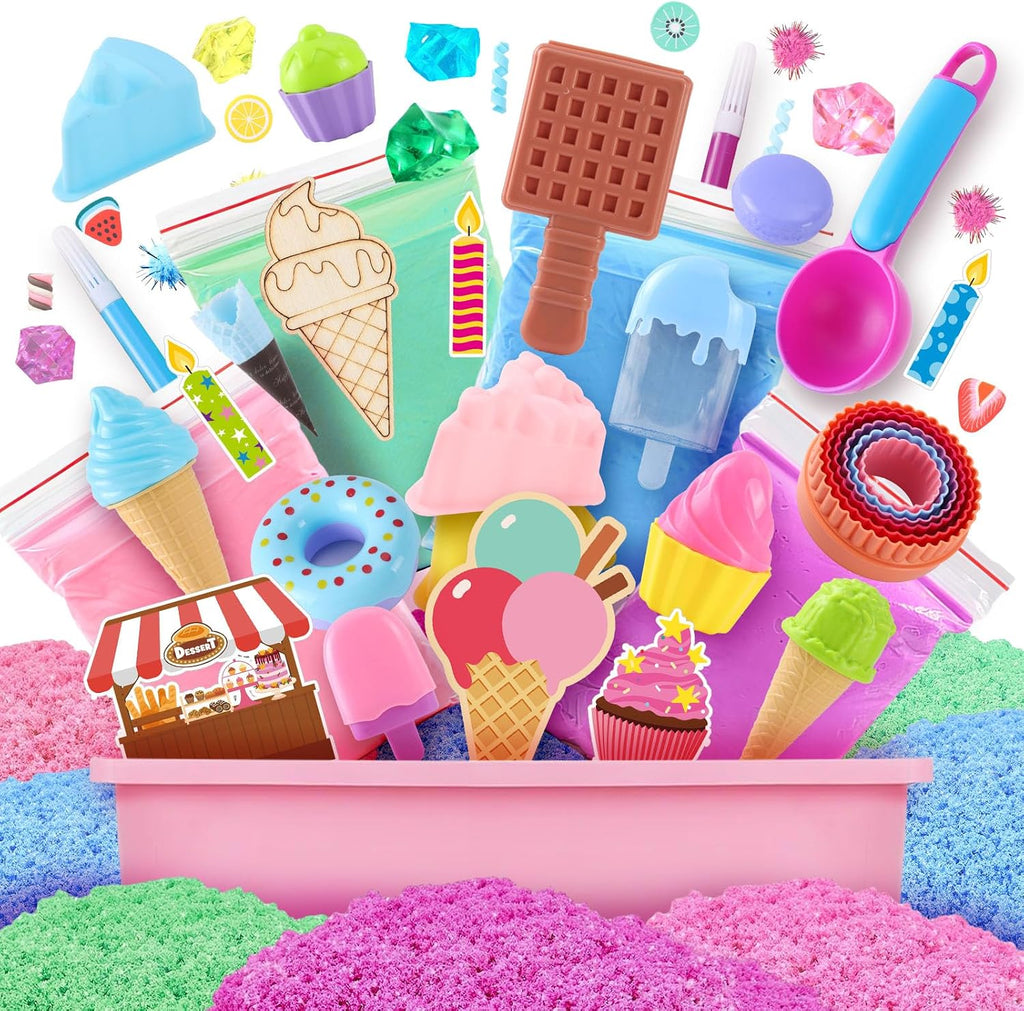 Golray - Juego de arena sensorial de helado para niñas, kit de arte de arena con caja de arena, 2 libras de arena mágica, moldes de pastel y gofre, juguetes de postres de juego de roles, juego de