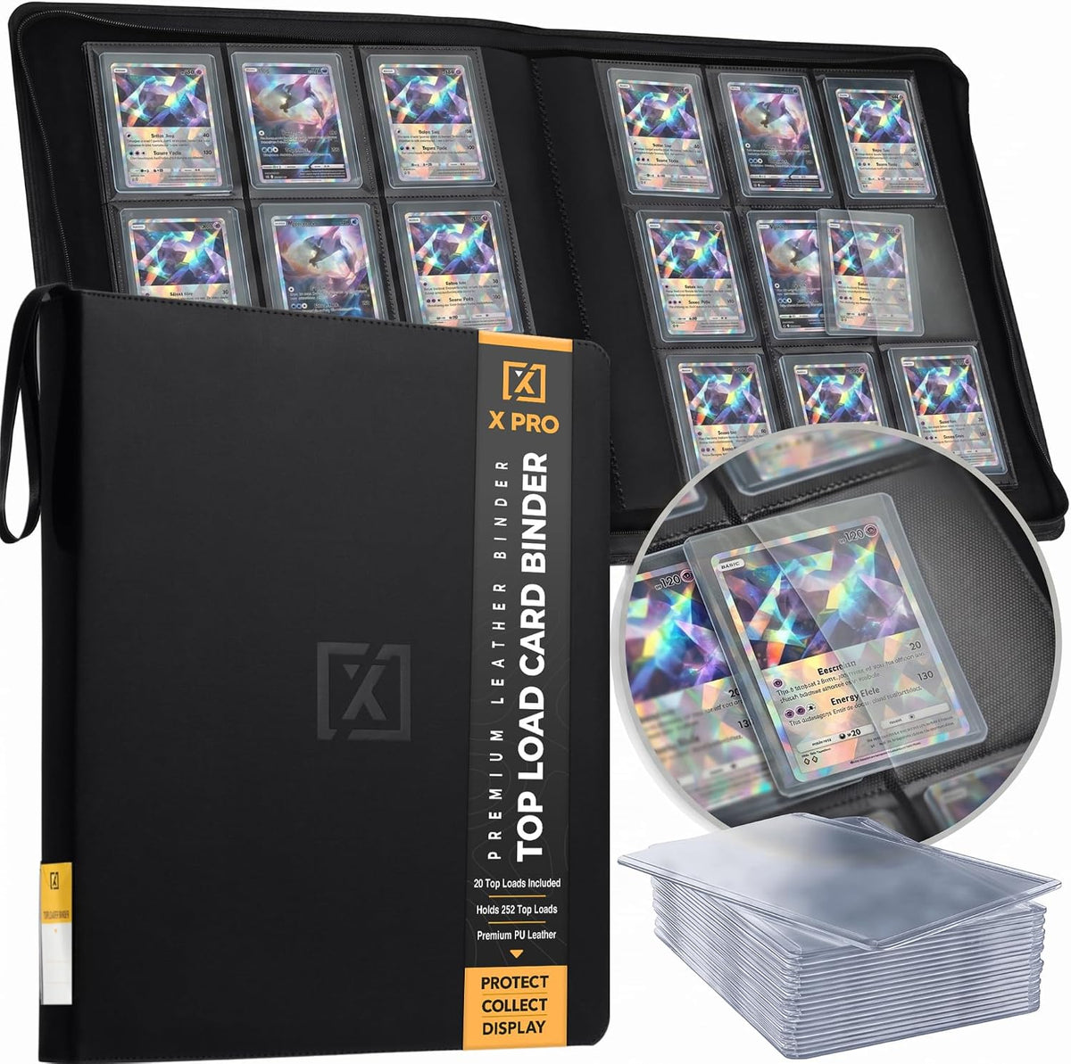 X PRO Carpeta de tarjetas de carga superior, compatible con fundas de tarjetas de carga superior, se adapta a 252 | 20 cargadores premium incluidos | páginas de doble cara sin anillo de 9 bolsillos | Almacenamiento premium para tarjetas TCG y deportivas