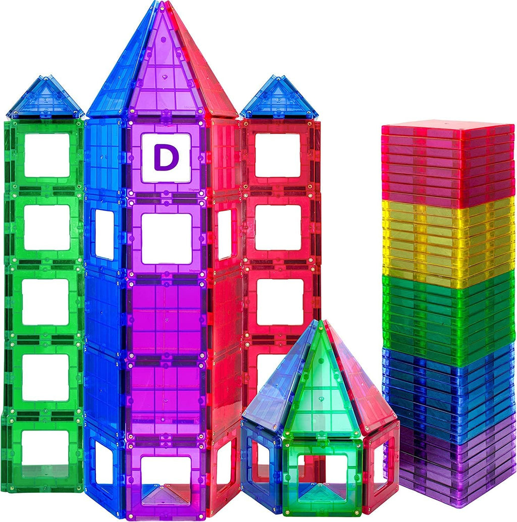 Bloques de construcción de azulejos magnéticos, juego avanzado de 113 piezas, juguetes STEM para niños y niñas de más de 3 años, imanes más fuertes, incluye 13 tarjetas del alfabeto, aprendizaje