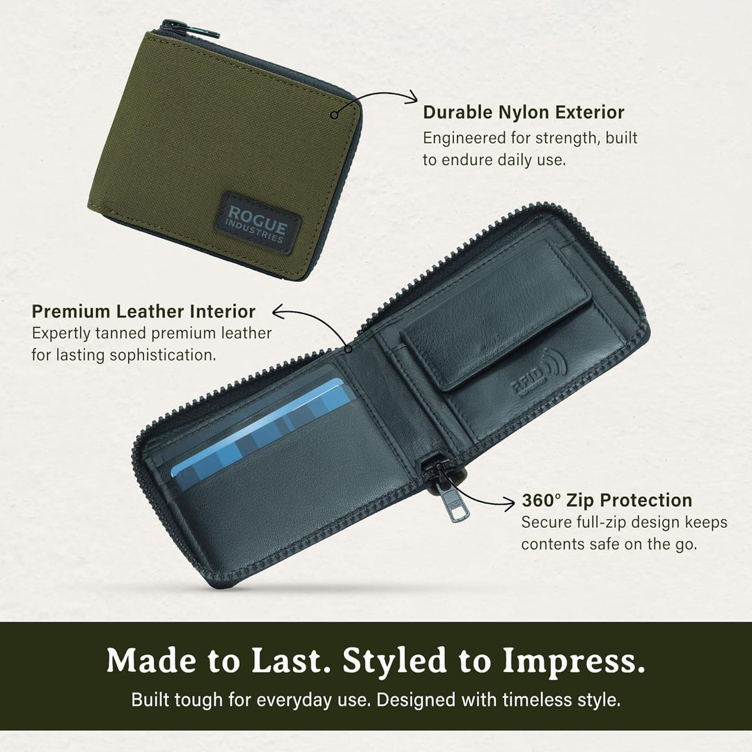 ROGUE WALLET Cartera de nailon con cremallera, Caqui
