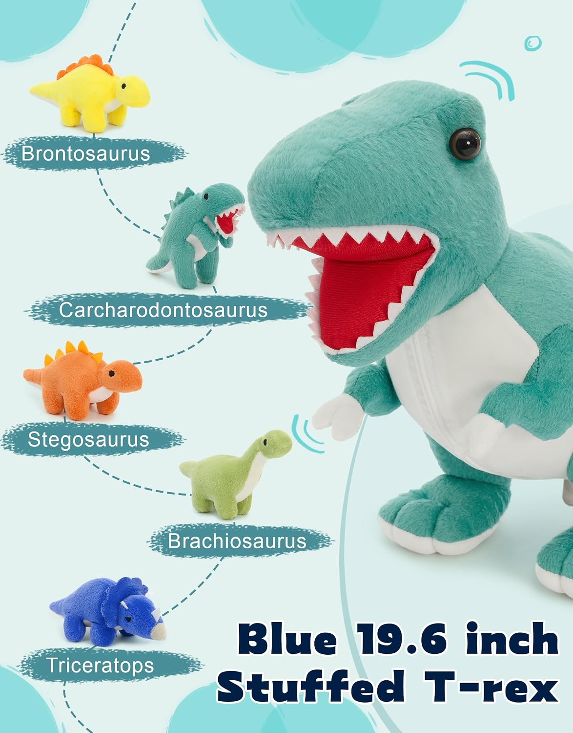 Muiteiur Animal de peluche de dinosaurio azul con 5 bebés, juego de peluche