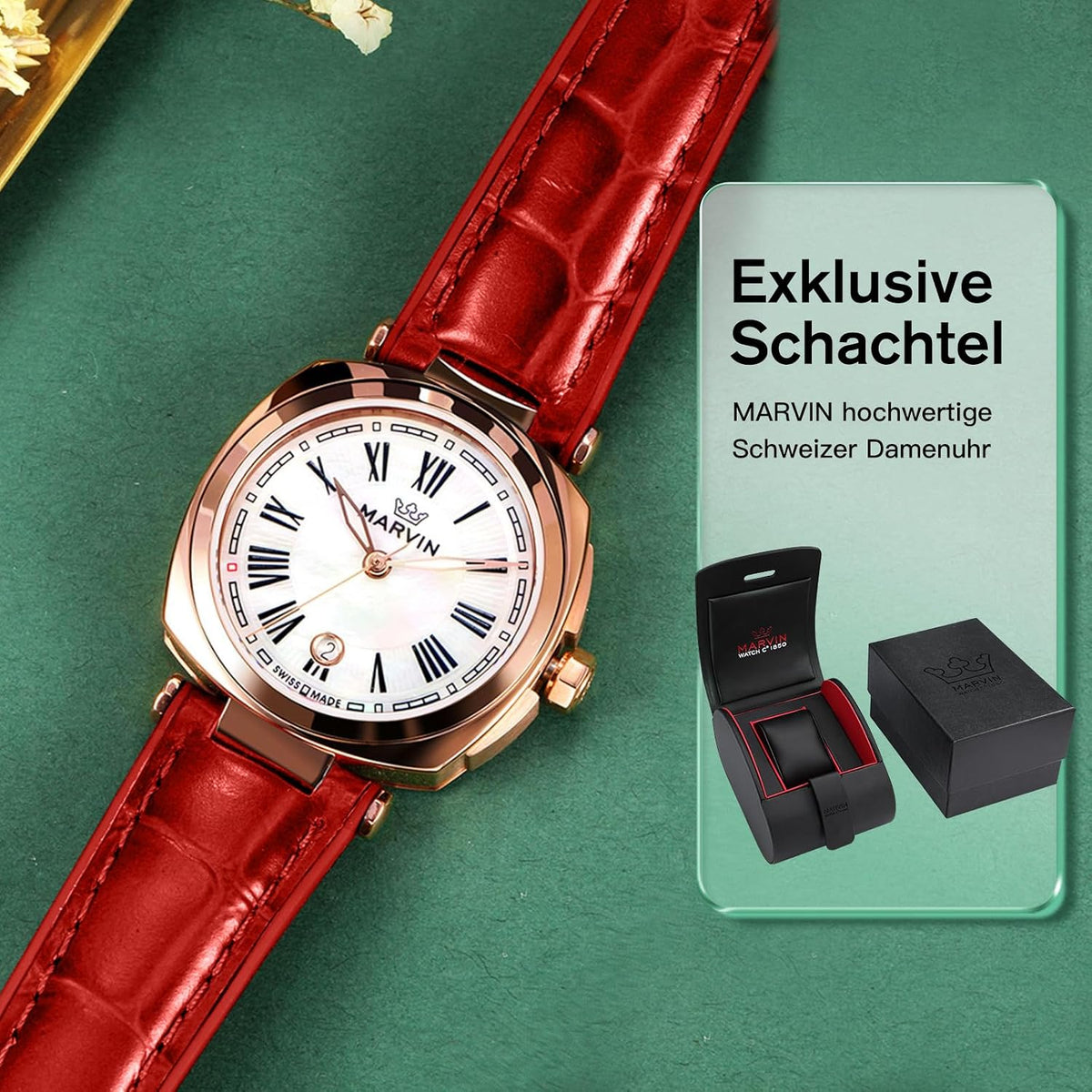 marvin Relojes para mujer, reloj suizo de pulsera con correa de silicona y cuero, caja de acero inoxidable en tono dorado rosa, movimiento de cuarzo, resistente al agua hasta 164.0 ft