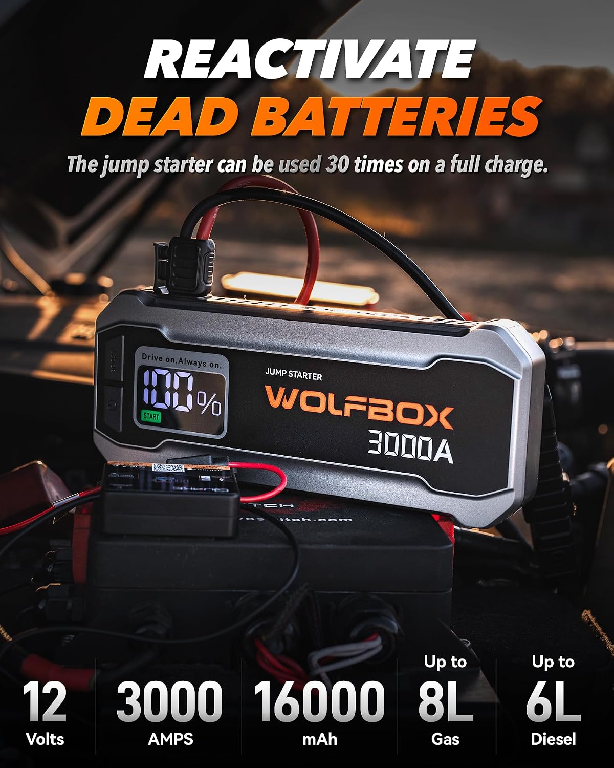 WOLFBOX 3000A Paquete de potencia de arranque de salto, 8L gasolina/6L