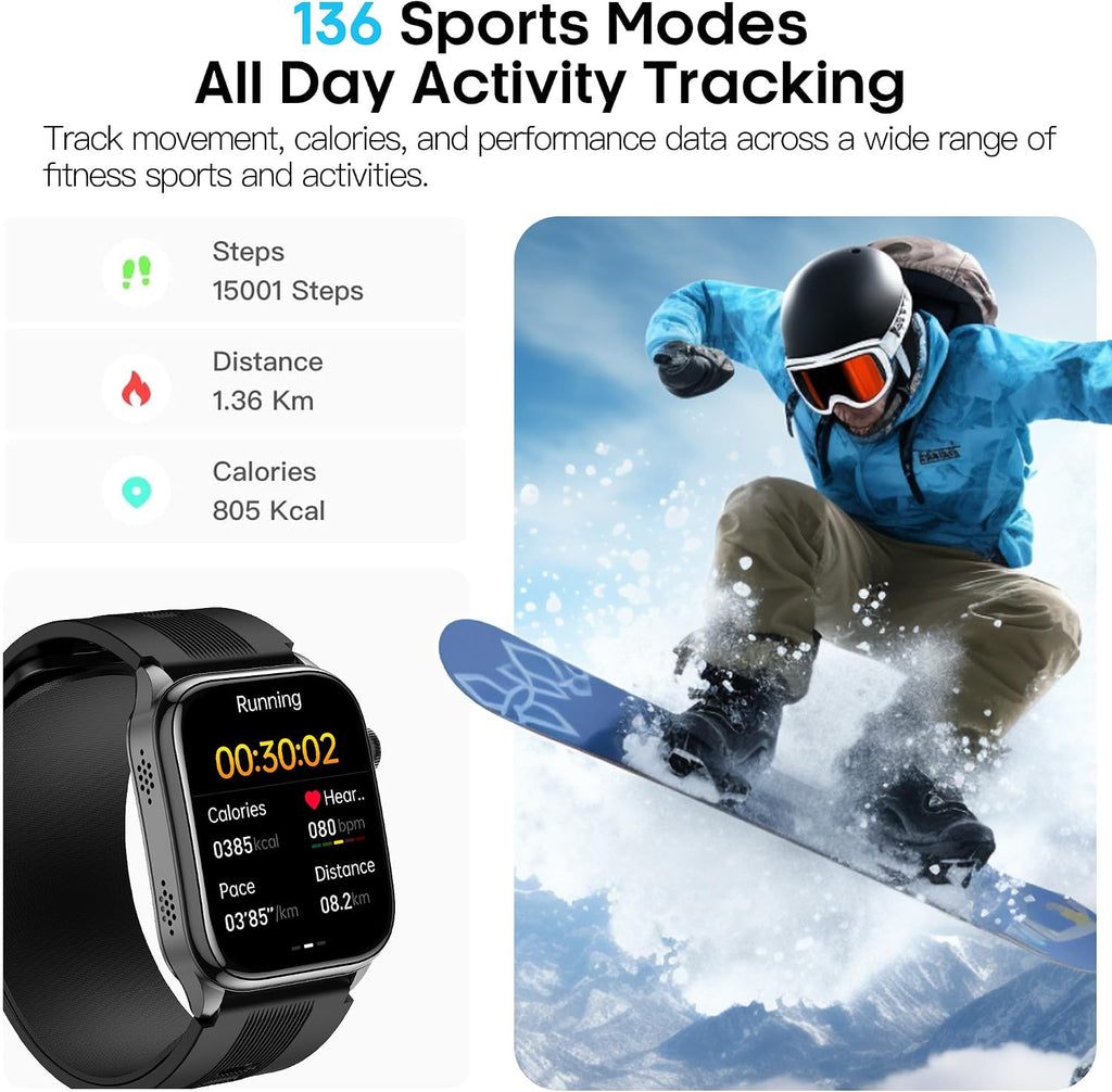 Smart Watch para Hombres y Mujeres con Diseño de Correa con Airbag, Pantalla AMOLED de 2.06", Monitor de Ritmo Cardíaco y Presión Arterial, Oxígeno en Sangre y Seguimiento del Sueño, 136 Modos Deportivos Fitness Tracker (Negro)