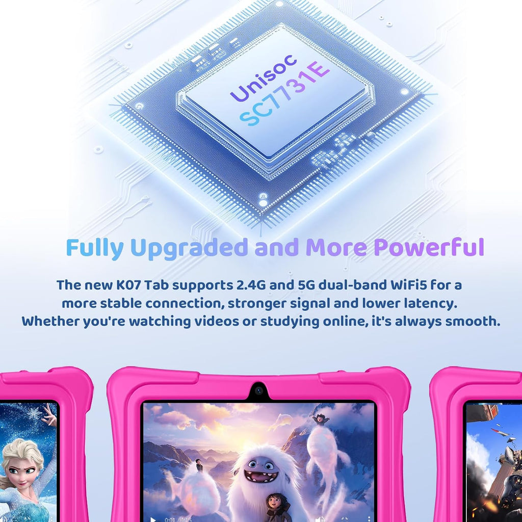 Tablet para niños, tableta Android de 7 pulgadas para niños, 6 GB+32 GB 1 TB expandir, tabletas de cuatro núcleos con funda, BT, WiFi, control parental, juegos, dual (rosa)