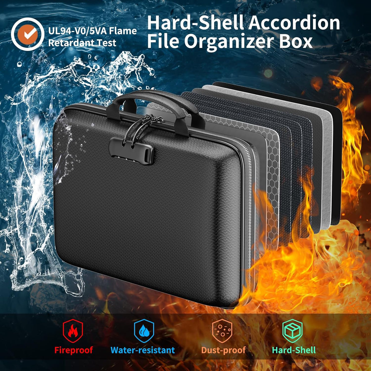 DocSafe Organizador de Archivos Ignífugo con Cerradura, Carcasa Rígida, Caja de Documentos Ignífuga con Carpeta de Archivos de Acordeón de 13 Bolsillos, Portátil para Oficina en Casa, Almacenamiento