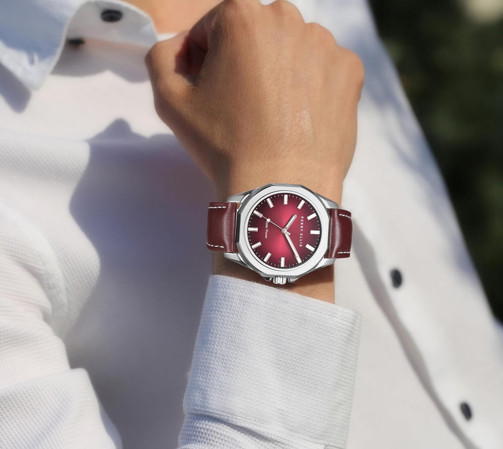 Reloj Perry Ellis para hombre con energía solar | Relojes de pulsera analógicos resistentes al agua de cuero vegano para hombre | Caja de 42mm | Relojes para hombres | Elegante regalo para hombre
