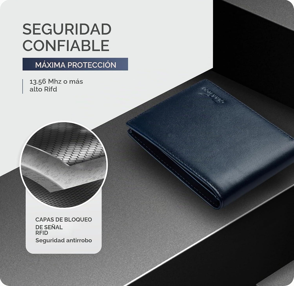 Cartera plegable de cuero para hombre con bloqueo RFID y ventana