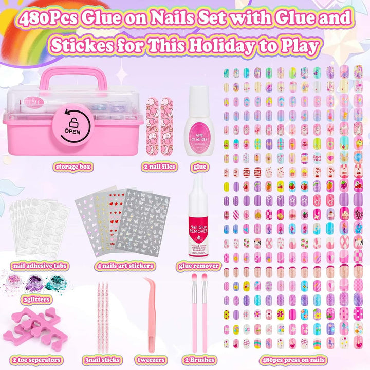 480 Piezas de Uñas y Pegamento para Niños, Kit de Arte de Uñas Pres...