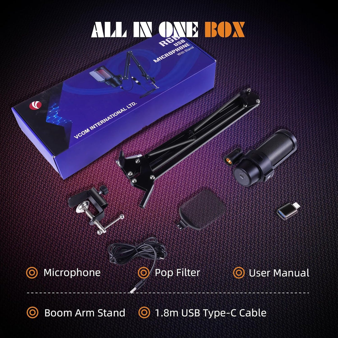 VCOM Micrófono USB para juegos, micrófono de brazo dinámico de cond...